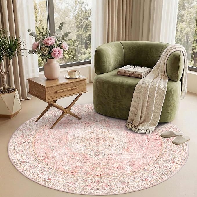 Latte&Fog 4ft Pink Round Area Rug for Girl Bedroom Washable Cute Circle Rug | Non Slip Low Pile Soft Floral Small Carpet for Kids Playroom Nursery Classroom Dorm Decor Dining Kitchen Farmhouse Office