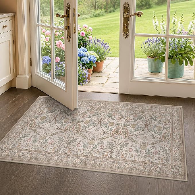 Moss Green 2x4 Washable Entry Rug, Small Throw Rugs for Bathroom Entryway Kitchen, Non Slip Doormat Indoor Entrance, Farmhouse Floral Low Pile Stain Resistant Carpet