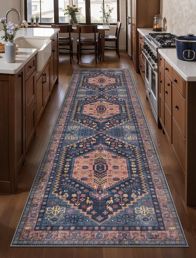 Ciicool Long Washable Runners Area Rug for Hallways,Ultra Soft 2x8ft Carpet | Oriental Non-Slip Thin Indoor Mat Vintage Navy Rugs for Kitchen Entryway Bedroom Bedside Living Room Laundry Bathroom Decor