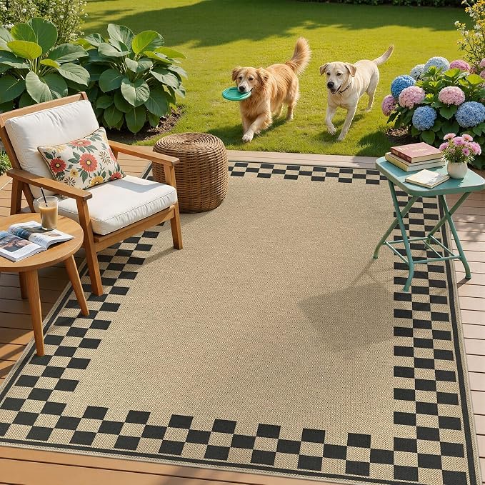 UERMEI 4x6 Outdoor Jute Area Rug Patio Neutral Washable Checkered Brown | Easy Non Slip Pet Friendly Indoor Farmhouse Carpet for Living Room Bedroom Dining Backyard