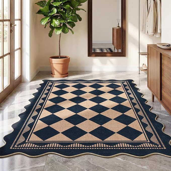 Garvee Easy Jute 5x7 Area Rugs Scalloped Border Washable Rugs，Black/Coffee | Indoor Outdoor Rugs for Living Room Soft Rug for Bedroom Non Slip Nursery Rug Stain Resistant Floor Cover for Dining Room