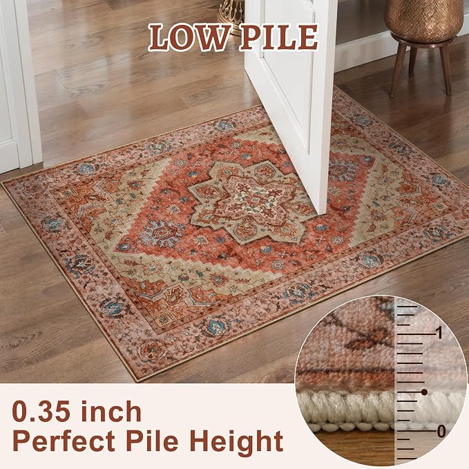 Tangsoo Vintage 2x3 Washable Rugs for Entryway, Non Slip Small Area Rug | Oriental Indoor Front Door Rug Mat,Boho Small Carpet, Soft Low Pile Throw Rugs for Entry Entrance Kitchen Terracotta Decor