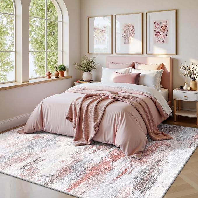 5x7 Rugs for Living Room - Modern Abstract Washable Rug, Ultra Soft Non Slip Low Pile Large Rugs, Floor Carpet for Bedroom Dining Room Office Laundry Nursery Home（Pink & Grey）