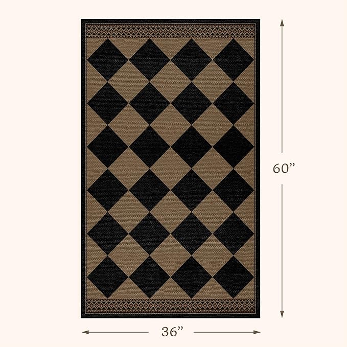 Easy Jute Indoor Outdoor Rug 3x5, Brown Black Checkered Patio Front Porch Rug Decor, Diamond Laundry Room Floor Mats, Boho Border Washable Non Slip Mat for Entryway, Kitchen, Backyard, Farmhouse Style