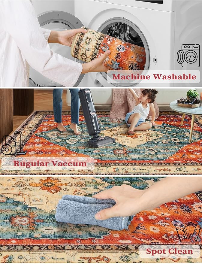 SERISSA 2x5 Washable Non Slip Boho Runner Rug for Hallway | Ultra Soft Vintage Oriental Carpet Low-Pile Distressed Tribal Floor Carpet for Kitchen Bedroom Bathroom Laundry Living Room