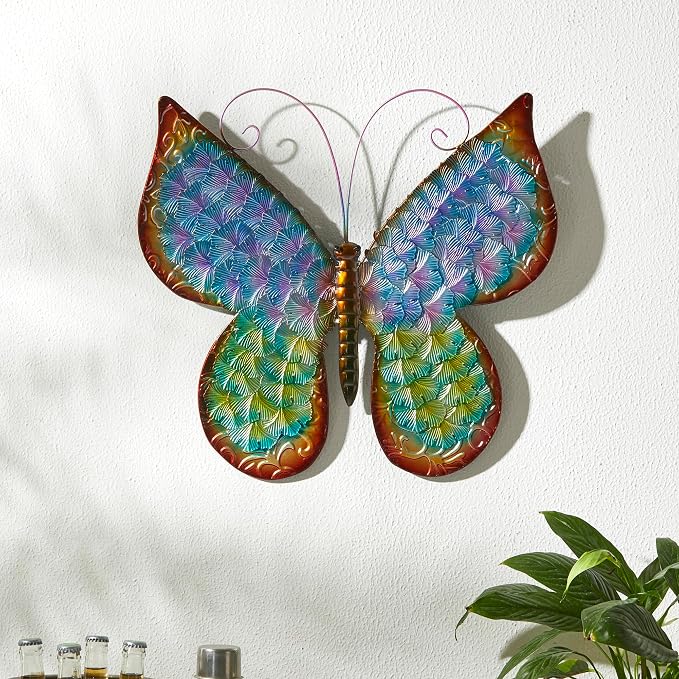 Glitzhome Metal Butterfly Wall Decor, 20 "H Colorful Metal Bionic Butterfly Wall Art with Hand Painted Distressed Finish and 3D Embossed Texture, Outdoor Porch Patio Home Wall Accent
