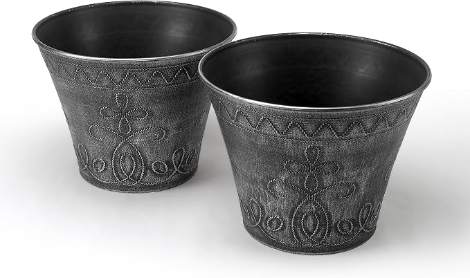 Set of 2 Decorative Planter Rustic Medieval/French Country Look Flower Nursery Pot for Indoor, Outdoor, Garden, Patio, Office, Home Decor Use. Long Lasting, Reusable Light Weight (Silver)
