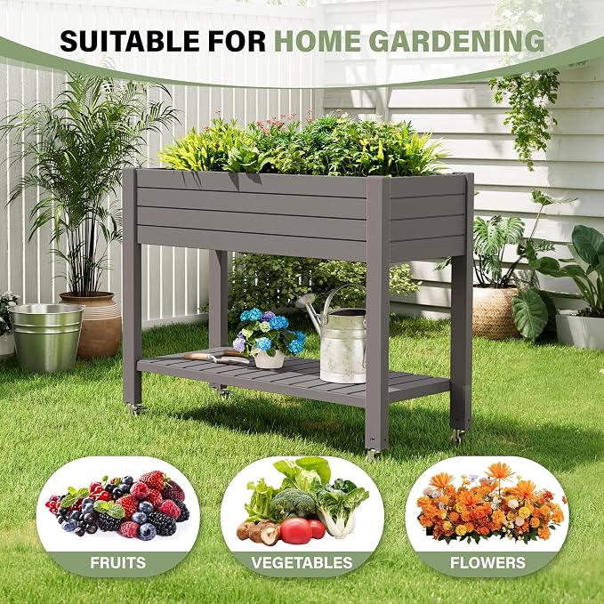 Elevated Raised Garden Bed with Wheels,Planter Box,Gray-33.7" h | Resin Planter Box with Drainage Holes, Water Monitor, Wheels for Garden Patio Backyard
