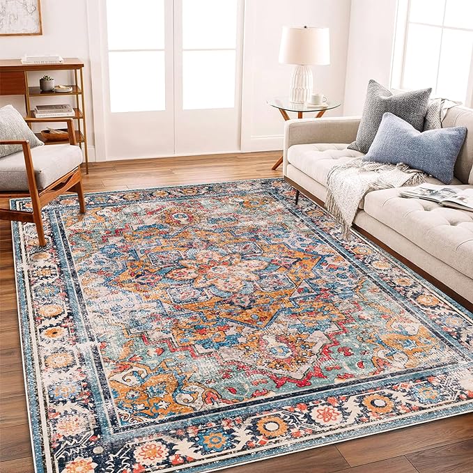 CHAMPLANT Washable Area Rug 3'x5' Rugs for Living Room Retro Flowers Machine Non-Slip Bedroom Vintage Trellis Distressed Carpet for Dining Room Office