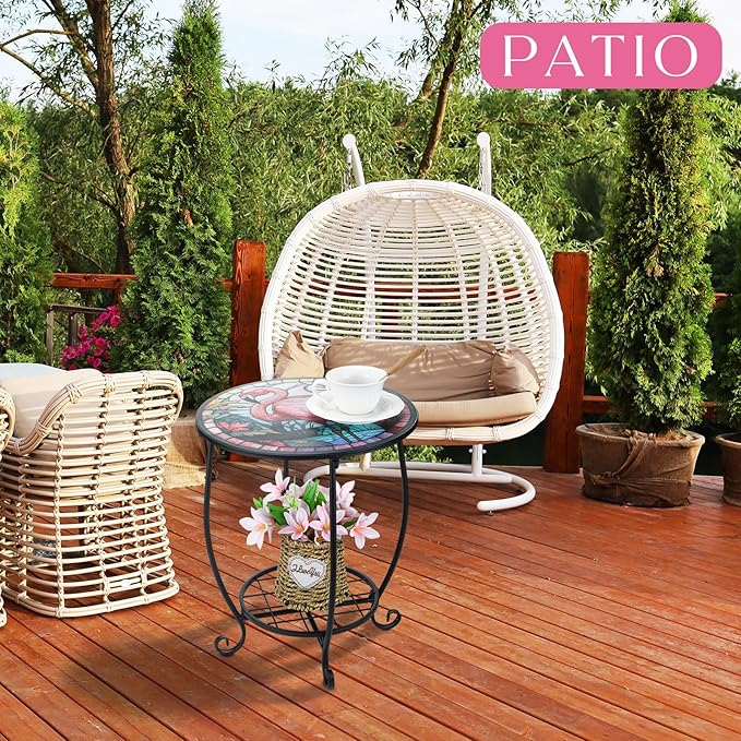 Cinnvoice Outdoor Side Table Round Small Mosaic Patio Accent Indoor End Plant Coffee Tea Table for Yard Patio Porch Garden Living Room, Bedroom(Flamingo Style,14 Inch)