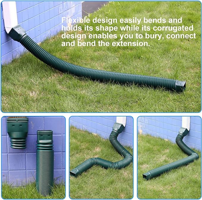 plusgutter Green-2pack Rain Gutter Downspout Extensions Flexible, Drain Downspout Extender,Down Spout Drain Extender, Gutter Connector Rainwater Drainage,Extendable from 21 to 68 Inches