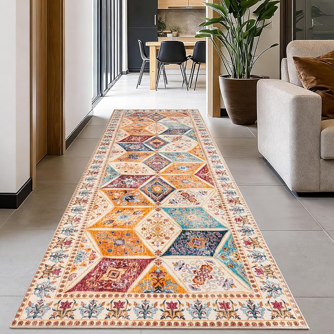 Moroccan Vintage Distressed Boho Geometric Cream 2.7x8 Runner Rug | Patchwork Washable Non Slip Throw Floor Long Carpet Runner for Hallway Entryway Kitchen Bathroom Bedroom Livingroom Rug