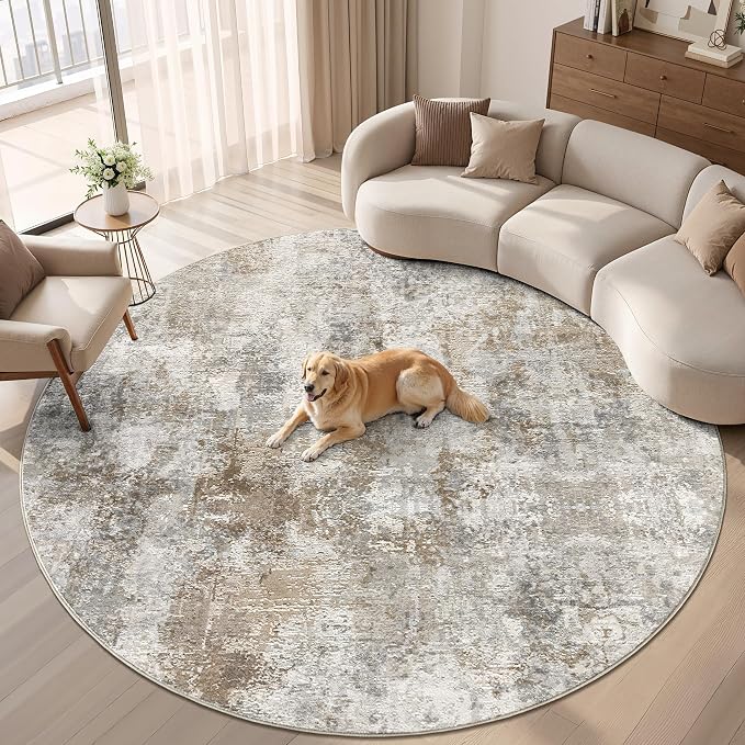 8Ft Round Area Rug Washable Abstract Rugs for Living Room Light Brown/Grey | for Bedroom, Dining Room, Office, Nursery, Soft Neutral, Low Pile Non-Slip, Kid Pet Friendly, Large Indoor Carpet, Home Decor