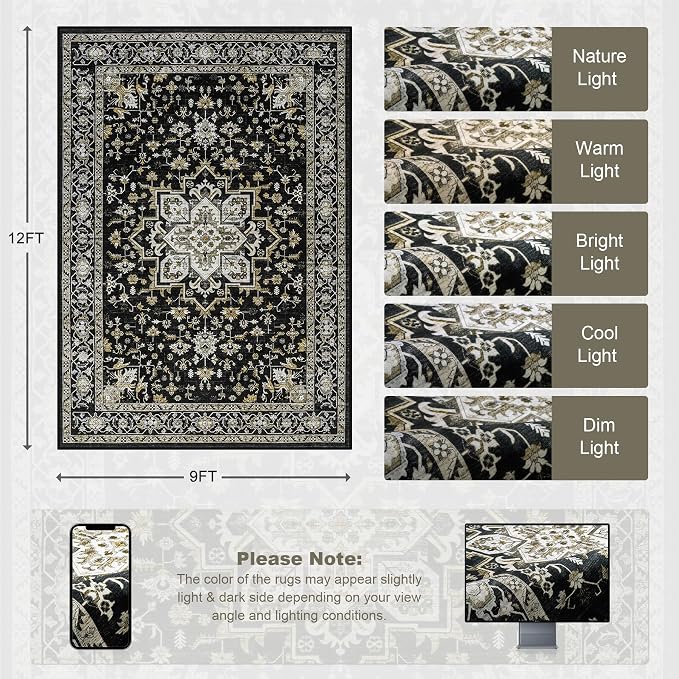 9x12 Area Rugs Living Room: Washable Rug for Bedroom Black Gold | Vintage No Slip Stain Resistant Rug Soft Indoor Decor Floor Floral Area Rugs for Dining Room, Nursery, Hallway, Home Office