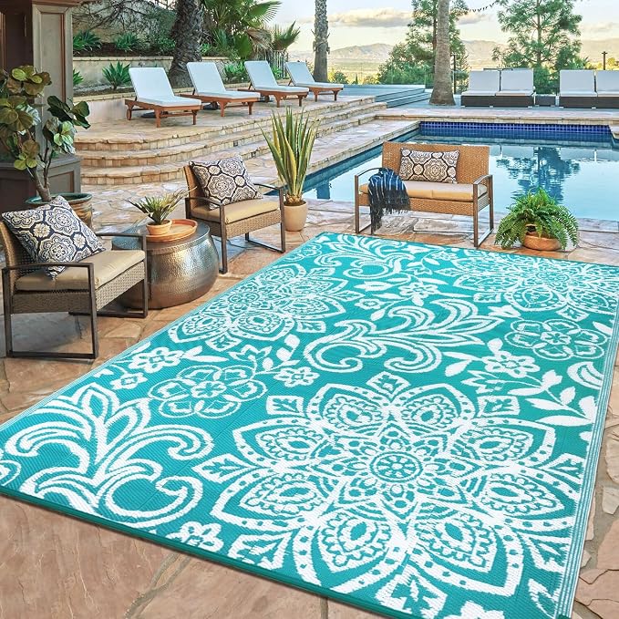 Findosom Waterproof Outdoor Rug 6' x 9' - Reversible Mandala Outdoor Plastic Straw Rug, Durable Foldable Patio Rug for RV, Deck, Balcony, Backyard, Picnic, Porch, Camping, Beach, Blue