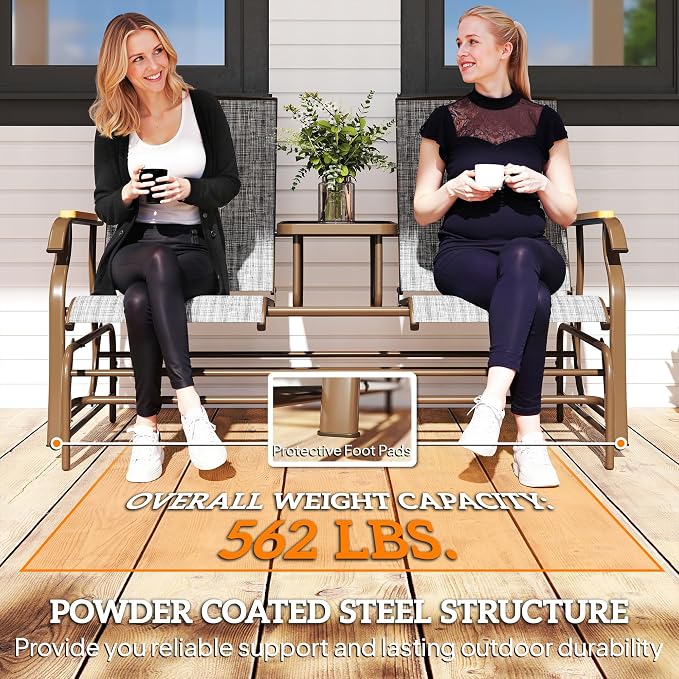 Outsunny 2 Person Outdoor Glider Bench, Patio Swing Glider Chair Loveseat with Breathable Mesh, Table, Steel Frame for Garden, Backyard, Porch, Gray