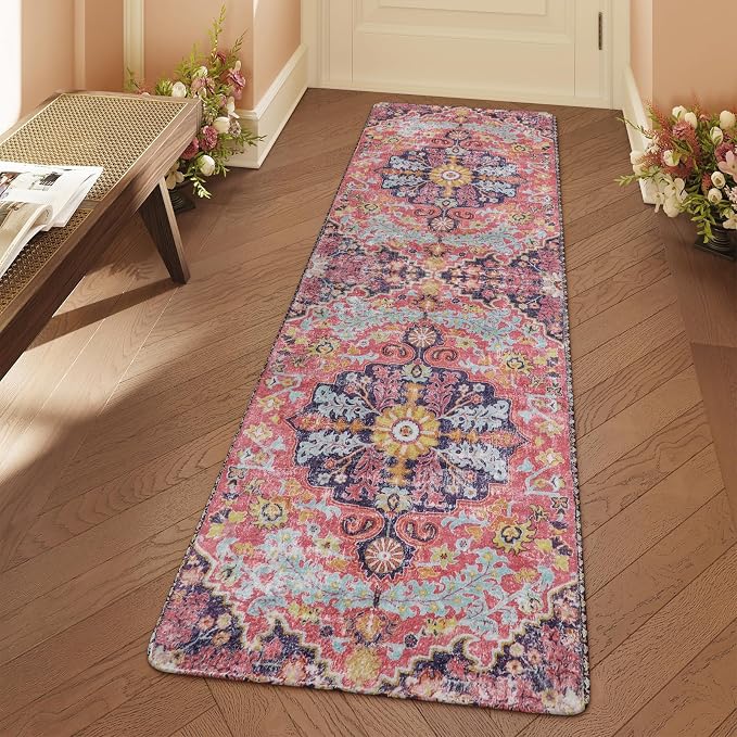 Lahome Reine Bohemian Floral Medallion Runner Rug, 2x6 Pink Hallway Runner Laundry Mat, Machine Washable Non-Slip Soft Indoor Carpet for Bathroom Bedside Basement Camper Home Decor, Fuchsia/Multi
