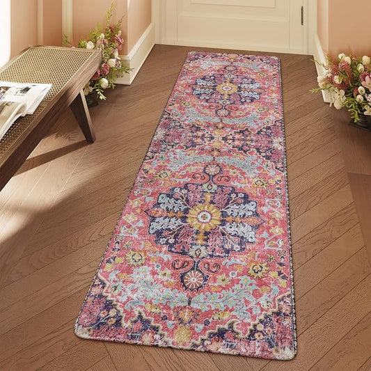 Lahome Reine Bohemian Floral Medallion Runner Rug, 2x6 Pink Hallway Runner Laundry Mat, Machine Washable Non-Slip Soft Indoor Carpet for Bathroom Bedside Basement Camper Home Decor, Fuchsia/Multi