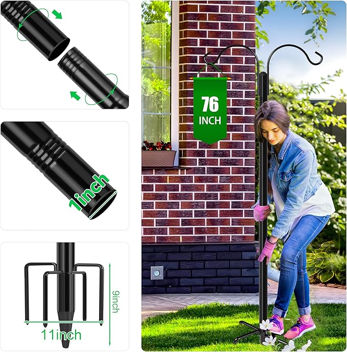 XDW-GIFTS Double Shepherds Hooks for Outdoor, 2-Pack Heavy Duty Garden Pole for Hanging Bird Feeder, Plant Baskets, Solar Light Lanterns, Garden Plant Hanger Stands with 5 Base Prongs