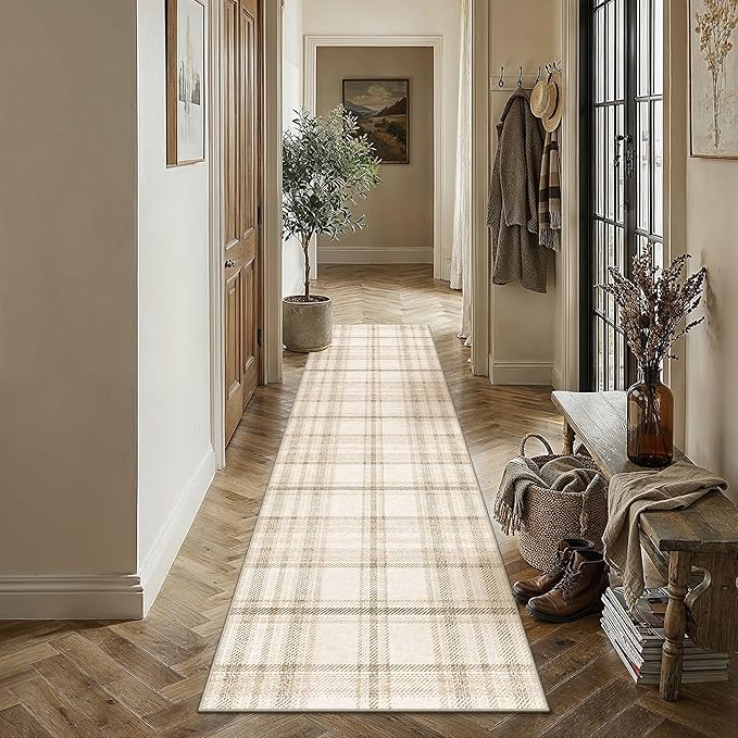 2x10 Beige Plaid Kitchen Runner Rug | Washable, Low Pile, Modern, Neutral, Soft, Non Slip, Rug for Hallway Bathroom Bedroom Nursery Indoor Home Decor