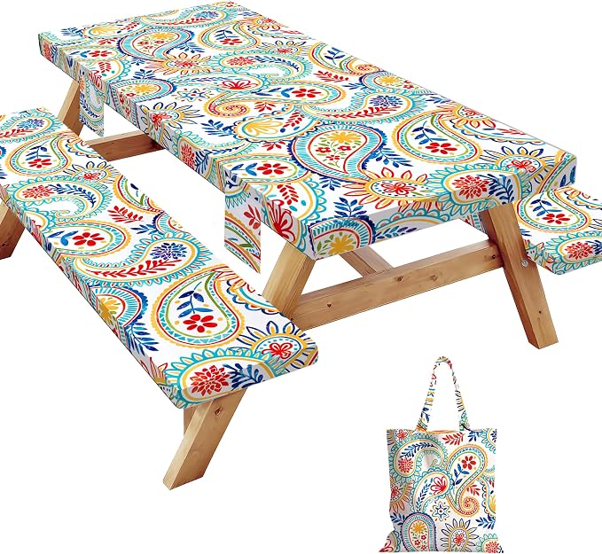 Picnic Table Cover with Bench Covers Elastic,Fitted Table Cloths for Rectangle Tables 6 Foot Washable,Waterproof Tablecloth for Outdoor Camping Essentials Accessories(6 Foot,Paisley
