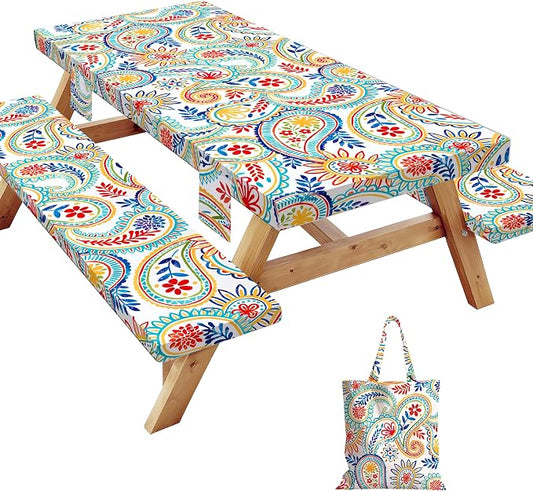 Picnic Table Cover with Bench Covers Elastic,Fitted Table Cloths for Rectangle Tables 6 Foot Washable,Waterproof Tablecloth for Outdoor Camping Essentials Accessories(6 Foot,Paisley