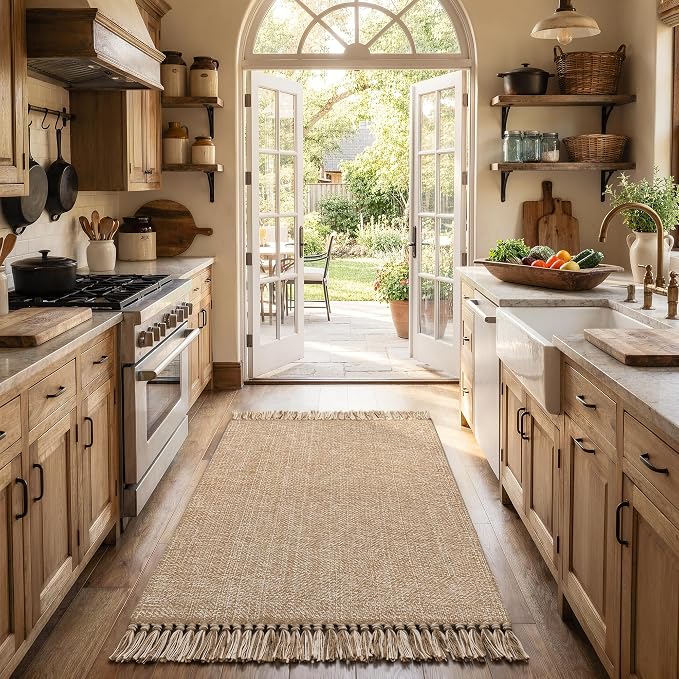 3' x 5' Woven Indoor Outdoor Porch Rug, Farmhouse Entryway Rugs | Modern Boho Reversible Front Door Mat, Tan/Cream Braided Washable Kitchen Rugs for Patio, Bedside, Bathroom, Nursery Decor
