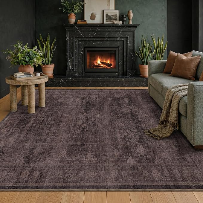 Boho 5x8 Dark Taupe Brown Area Rug for Living Room, Bedroom & Dining Room, Neutral Vintage Distressed Geometric Carpet, Machine Washable, Non Slip Rubber Backing, Stain Resistant, Ultra Soft