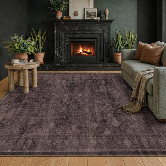 Boho 5x7 Dark Taupe Brown Rugs for Living Room, Vintage Neutral Washable Distressed Geometric Area Rug for Dining Room Bedroom, Stain Resistant Low Pile Anti-Slip Backing Ultra Soft