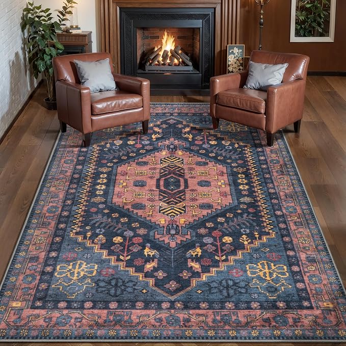 Ciicool Washable 3x5 Area Rug,Boho Non-Slip Indoor Mat for Entryway Kitchen | Oriental Low-Pile Navy Vintage Boho Indoor Entry Carpet for Bedroom Bedside Living Room Laundry Dining Room