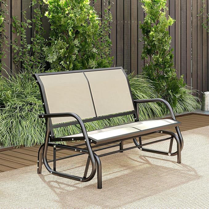 Outsunny 2-Person Outdoor Glider Bench, Patio Double Swing Rocking Chair Loveseat w/Powder Coated Steel Frame for Backyard Garden Porch, Beige