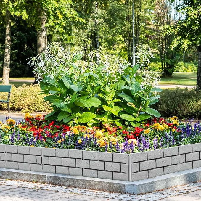 Landical 8 Pcs Imitation Stone Garden Fence, Faux Stone Retaining Wall Look Garden Bricks Border with Ground Stakes, 17.3 x 12.6 in Gray Plastic Edging Blocks for Flower Beds, Lawn, Mulch (Gray)