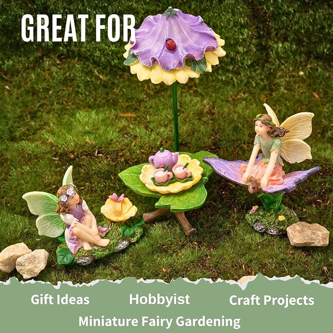 PRETMANNS Fairy Garden Accessories Kit - Adorable Fairies for Fairy Garden Outdoor, Miniature Fairy Figurines with Furniture Set, Fairy Garden Supplies for Indoor Outdoor Décor
