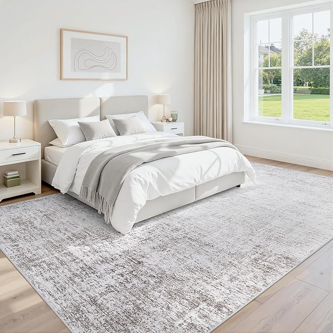 Washable 8x10 Abstract Grey White Area Rugs for Living Room | Large Modern Neutral Rugs Soft Non Slip Stain Resistant Low Pile Carpet Dining Room Bedroom Indoor Nursery Home Office