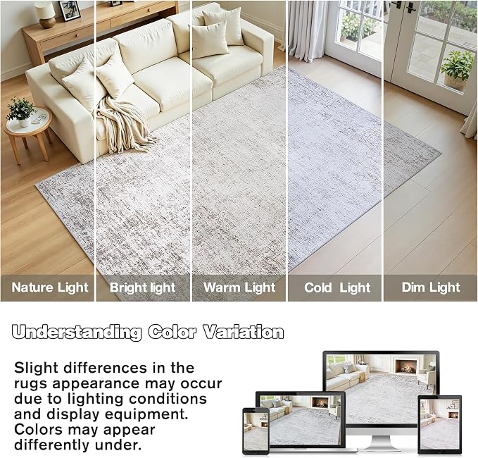 Washable 8x10 Abstract Grey White Area Rugs for Living Room | Large Modern Neutral Rugs Soft Non Slip Stain Resistant Low Pile Carpet Dining Room Bedroom Indoor Nursery Home Office