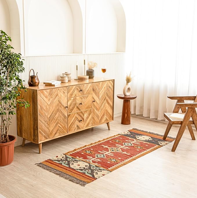 Jute Traditional Kilim Rug Boho Flatweave Area Rug for Living Room, Living Room Entryway, Tribal Series, 2'6"x10'