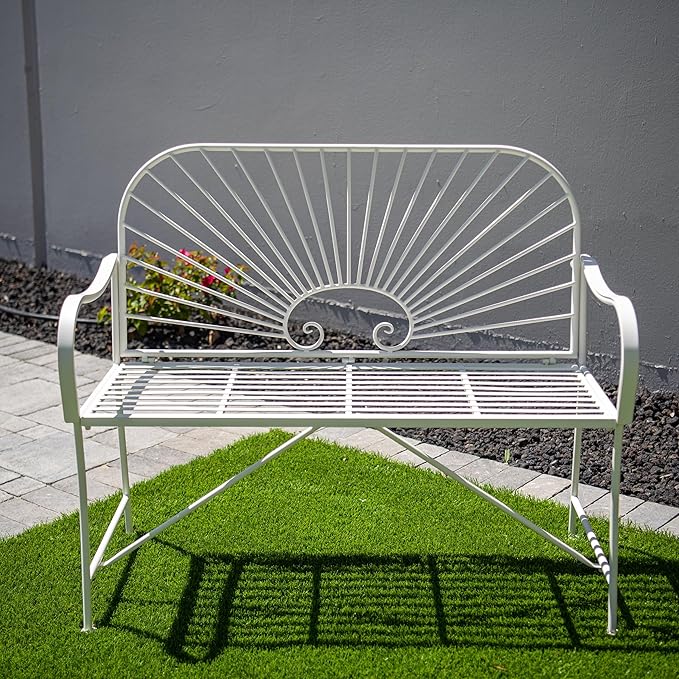 XBrand 44" L Iron Sun-Patterned Seat for Two, Patio & Porch Furniture for Park, Yard, Lawn, Balcony, Backyard – White