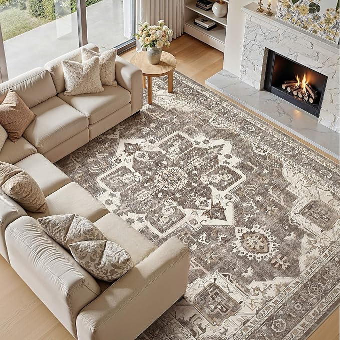 Vintage Washable 8x10 Area Rug for Living Room, Brown | Soft Low Pile Rug with Non-Slip Backing, Stain Resistant for Bedroom or Dining Room, Kid & Pet Friendly