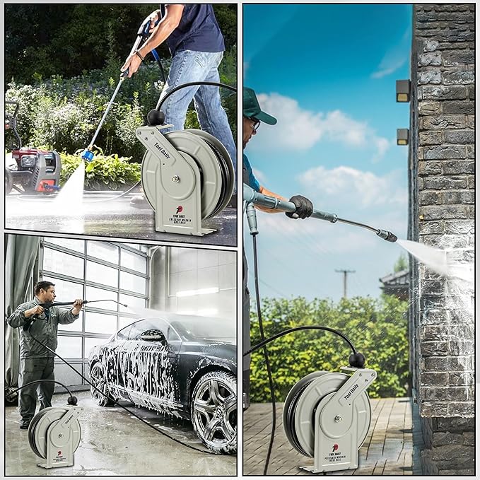 Tool Daily Retractable Pressure Washer Hose Reel 60 FT x 1/4”, Heavy Duty Power Washer Hose Reel 3600 PSI, Auto-Rewinding, Wall/Floor Mounted