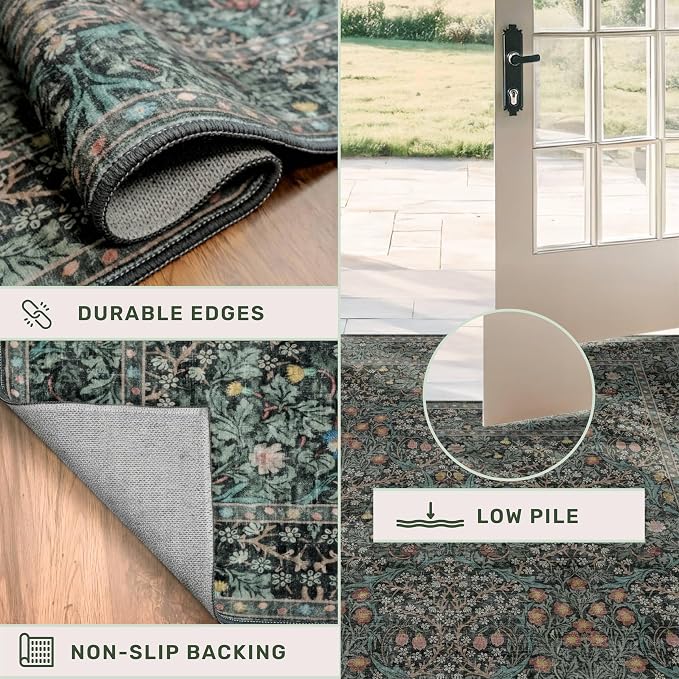 Dark Green Washable 3x6 Runner Rug for Entryway, Low Pile Non-Slip Indoor Floor Area Rugs for Kitchen, Bedroom Bedside, Bathroom, Stain & Fade Resistant, Vintage Floral Design