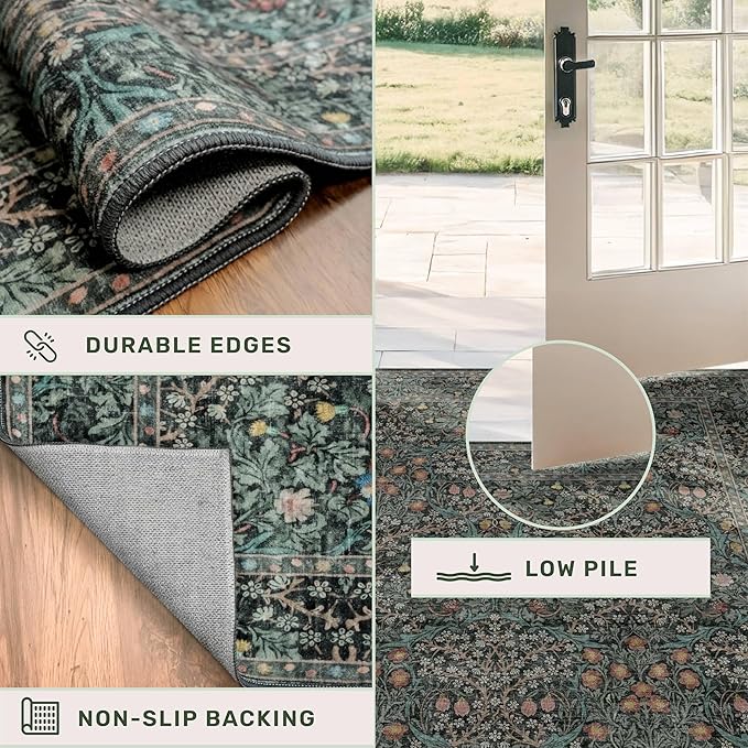 Dark Green Washable 3x12 Extra Long Runner Rug for Hallway Non Slip, Large Kitchen Indoor Floor Rugs for Entryway Hall Way Bedroom, Soft Stain Resistant Low Pile Vintage Floral Carpet