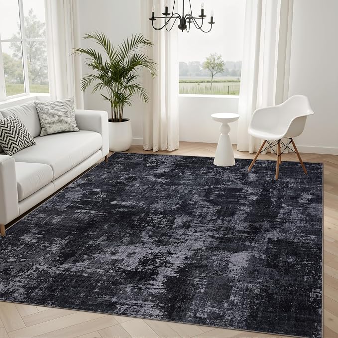 Sasttie 6x9 Washable Area Rug, Modern Abstract Carpet, Black & Grey | Ultra-Soft Faux Wool, Low Pile, Non-Slip, Lightweight, Thin, for Living Room, Bedroom, Dinning Room & Dorm