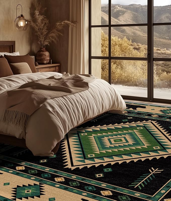 Southwestern Rug 4x5 - Native American Bear Cabin Area Rugs for Bedroom Living Room, Rustic Western Machine Washable | Non-Slip | Soft Carpets, Aztec Room Decor (Green Tan Black)