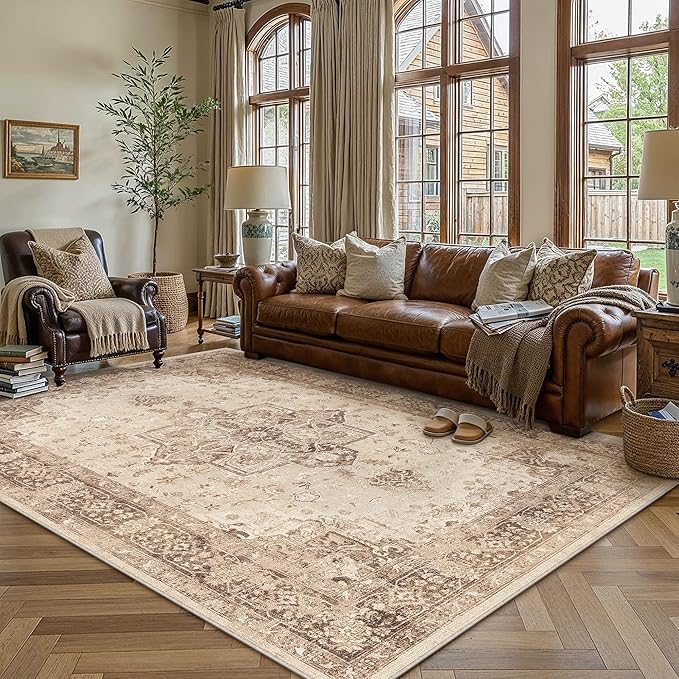 Brown 5x7 Washable Area Rug Living Room Vintage Oriental Carpet | Soft Low Pile, Non Slip, Stain Resistant, Floral Medallion, Retro Indoor Decor for Bedroom, Dining Room, Kids Room, Office