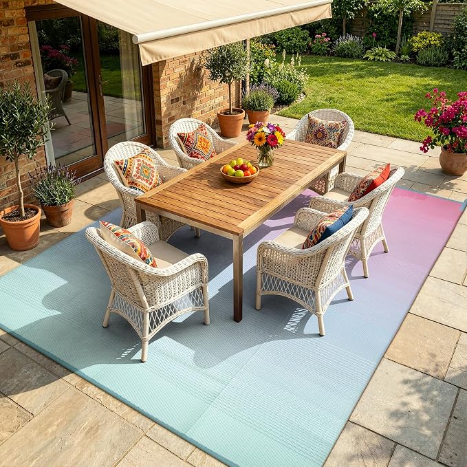 Lahome 6x9 Outdoor Rugs for Patios Outside, Plastic Straw Stain Resistant Rug Reversible Rv Mat, Porch Floor Carpets for Camping Deck Balcony Tent, Pink Green 6'x9'