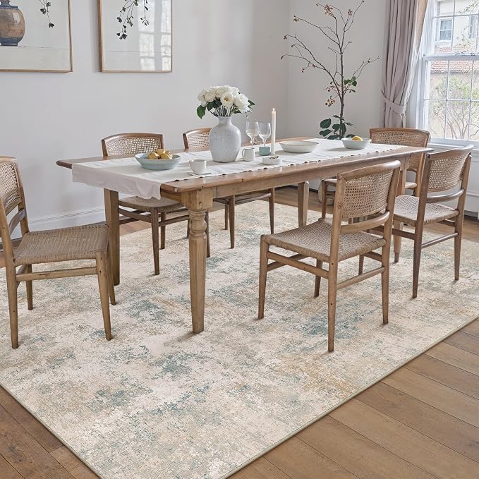 5x7 Beige Blue Modern Abstract Washable Area Rug for Living Room | Low Pile, Non Slip, Modern Abstract Style, Soft Indoor Rug for Living Room, Bedroom, Dining Room, Office, Home Decor