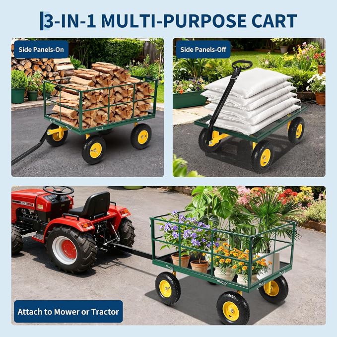 Garvee 1500 LB Heavy Duty Garden Wagon Cart, Outdoor Metal Utility Trailer | 13 in All Terrain Tires, 3-in-1 Yard Wagon Cart with Removable Side Panels for Outdoor Lawn, Yard, Backyard