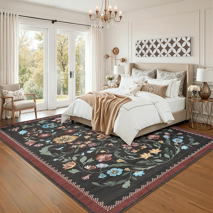 GarveeHome Washable Rug 3x5 Area Rugs for Living Room, Floral Rug for Bedroom, Soft Boho Non Slip Throw Rugs with Rubber Back, Low Pile Stain Resistant Vintage Floral Carpet for Dining Room, Red