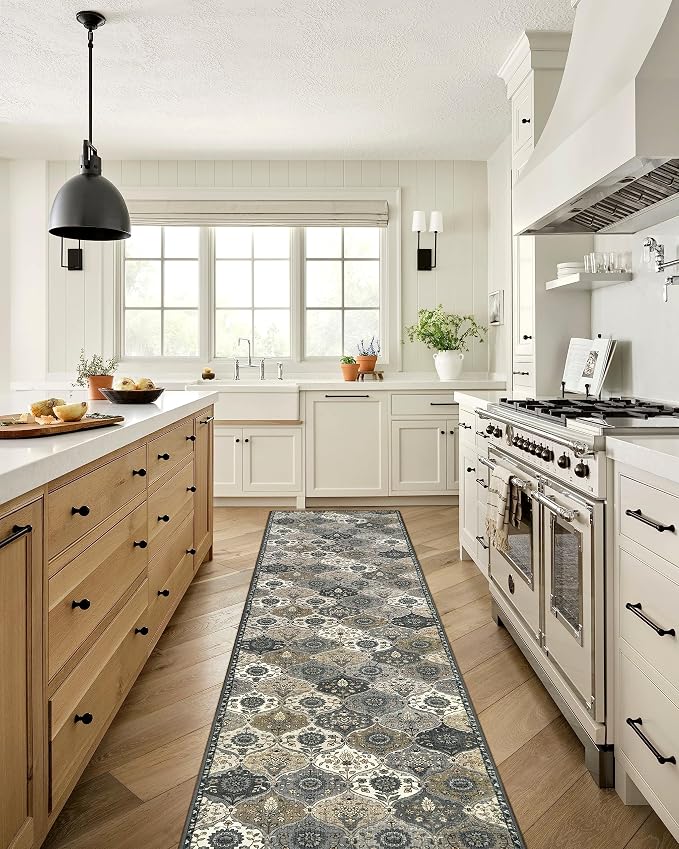Lahome Moroccan Washable Runner Rug Non Slip, 2x10 Runner Rugs for Hallway | 2x10 Vintage Ultra-Thin Throw Long Carpet for Kitchen Entryway Bedroom Laundry Room Elise, Grey