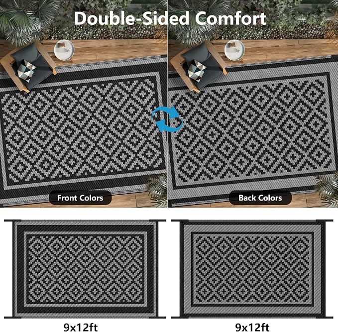 Kohree RV Outdoor Rug 9x12 Reversible, Waterproof Patio Mat with 4 Stakes & UV Fade Resistant, Non-Slip Outdoor Camping Mat for Deck, Picnic, Backyard, Includes Carry Bag (Black & Grey)